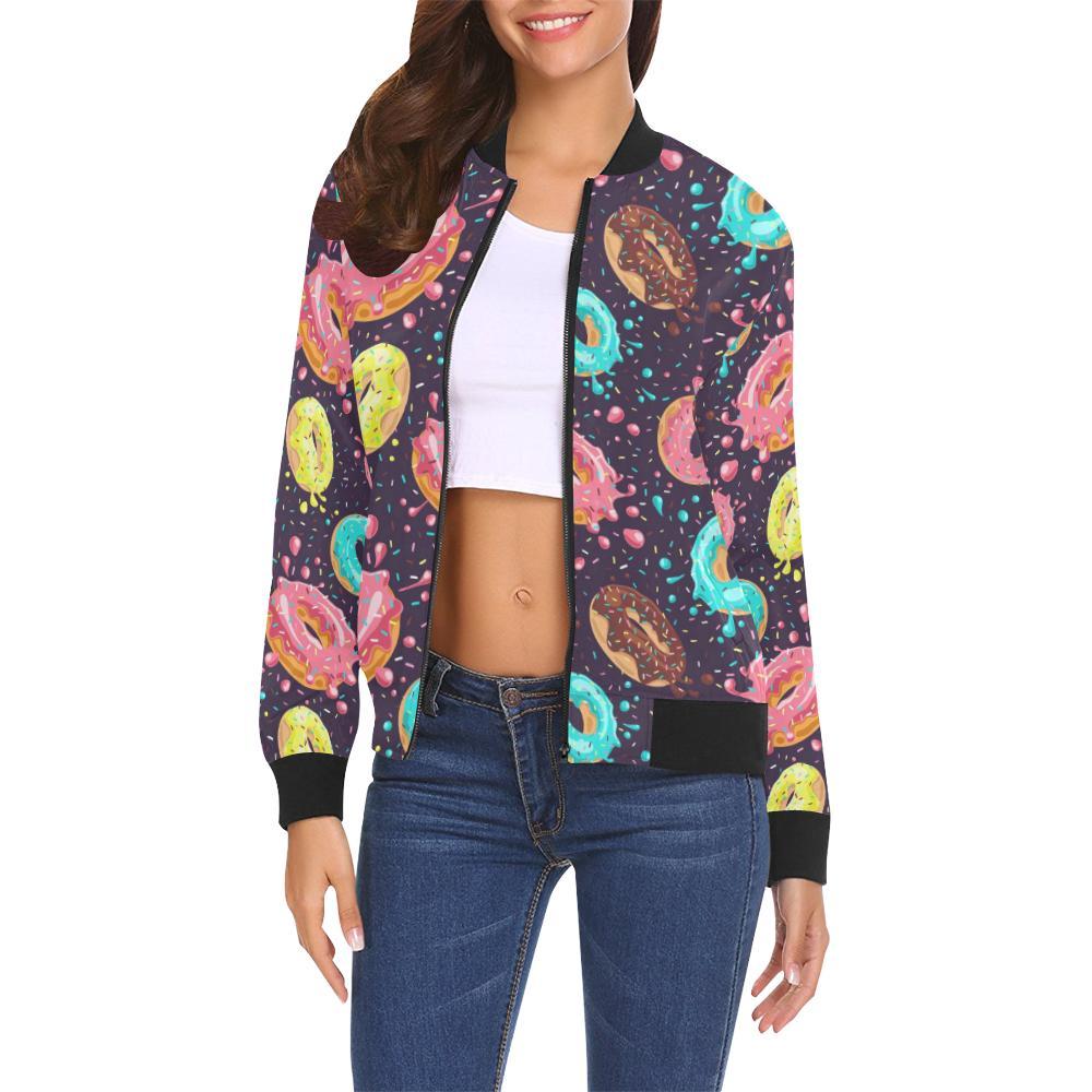 Blue Donut Pattern Print Women Casual Bomber Jacket-grizzshop