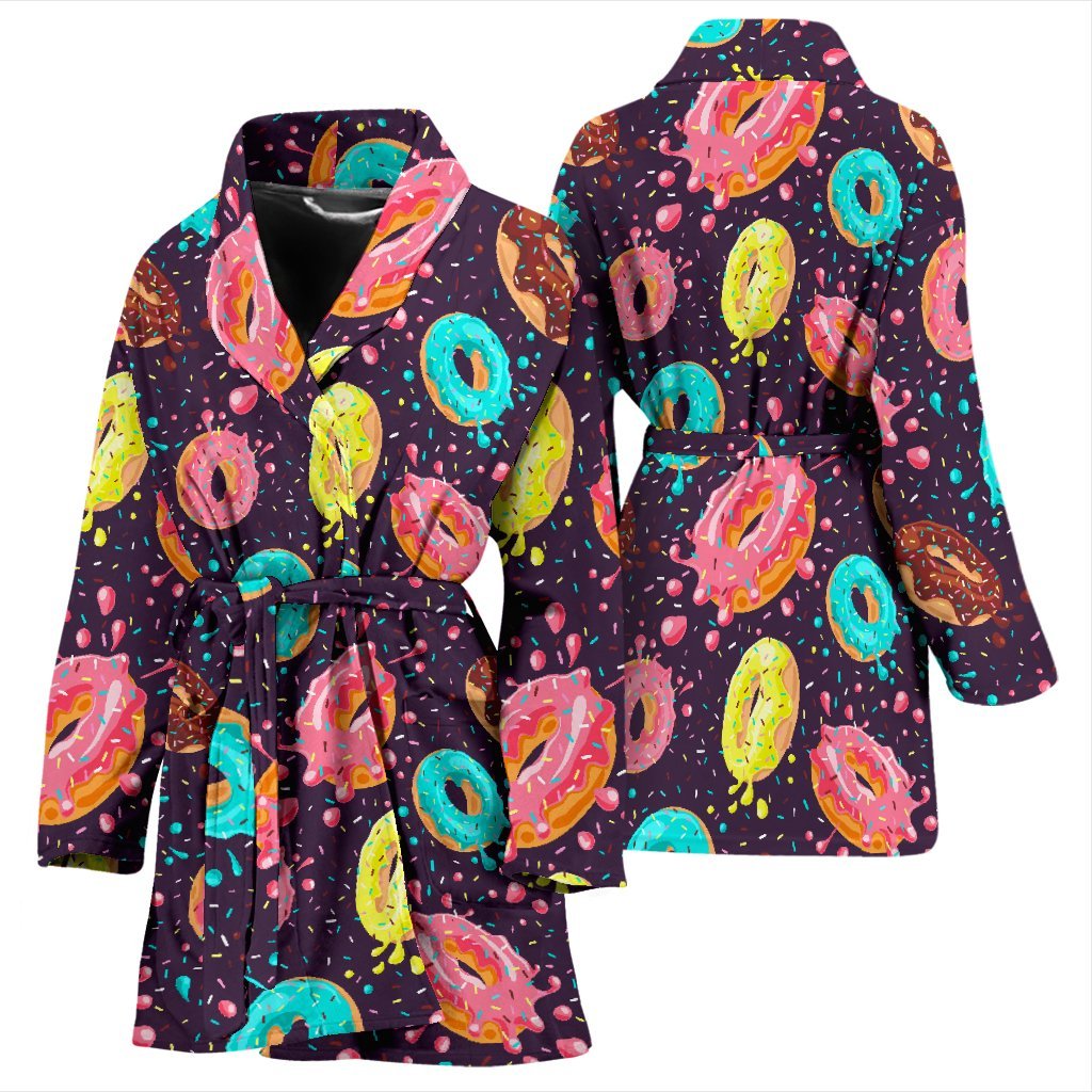 Blue Donut Pattern Print Women Long Robe-grizzshop