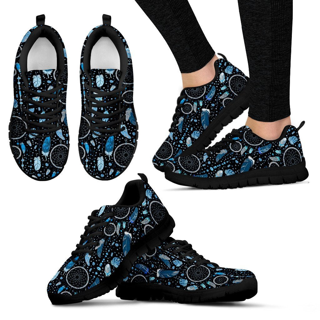 Blue Dream Catcher Feather Pattern Print Black Sneaker Shoes For Men Women-grizzshop