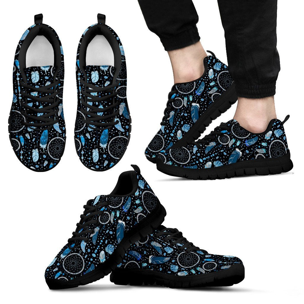 Blue Dream Catcher Feather Pattern Print Black Sneaker Shoes For Men Women-grizzshop