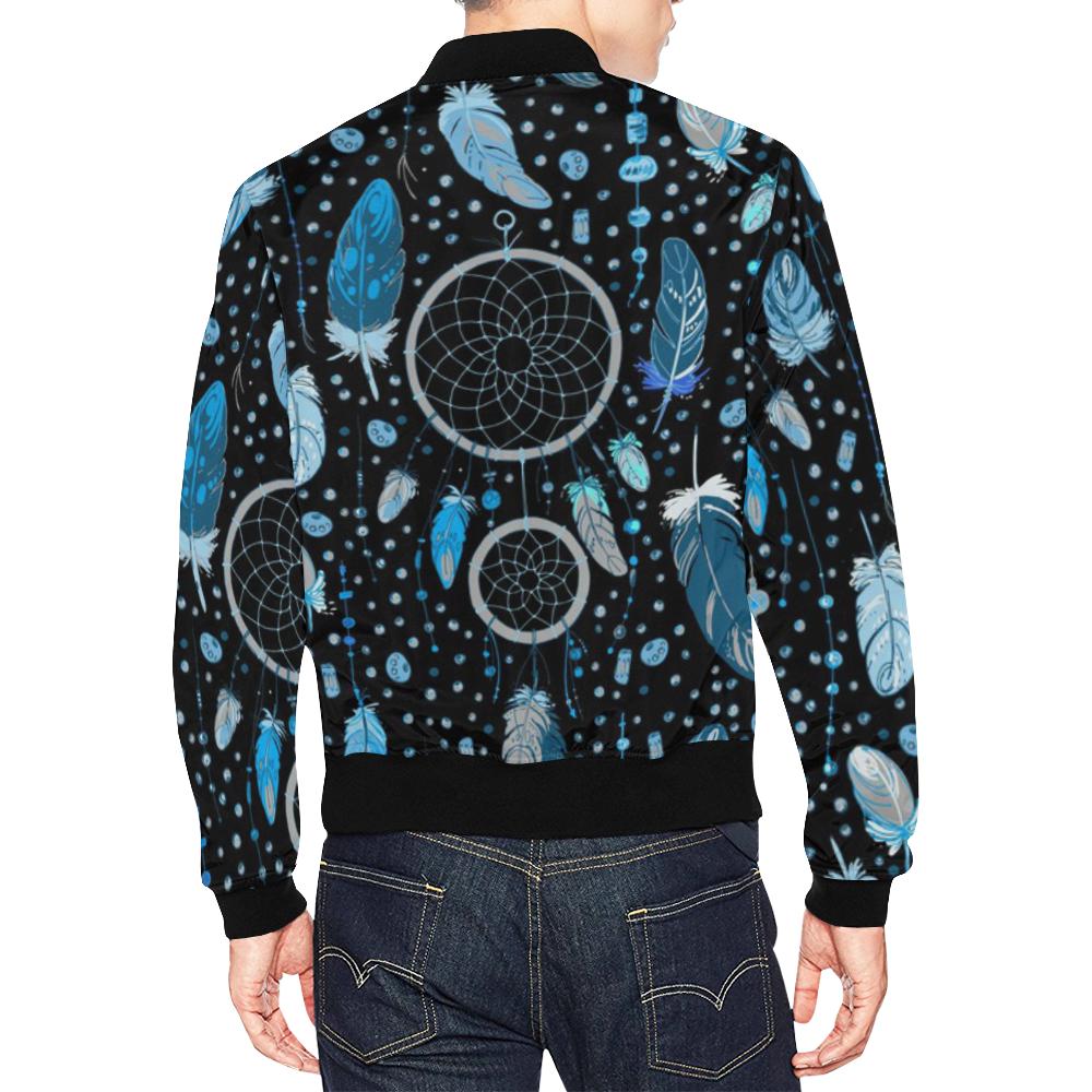 Blue Dream Catcher Feather Pattern Print Men's Bomber Jacket-grizzshop