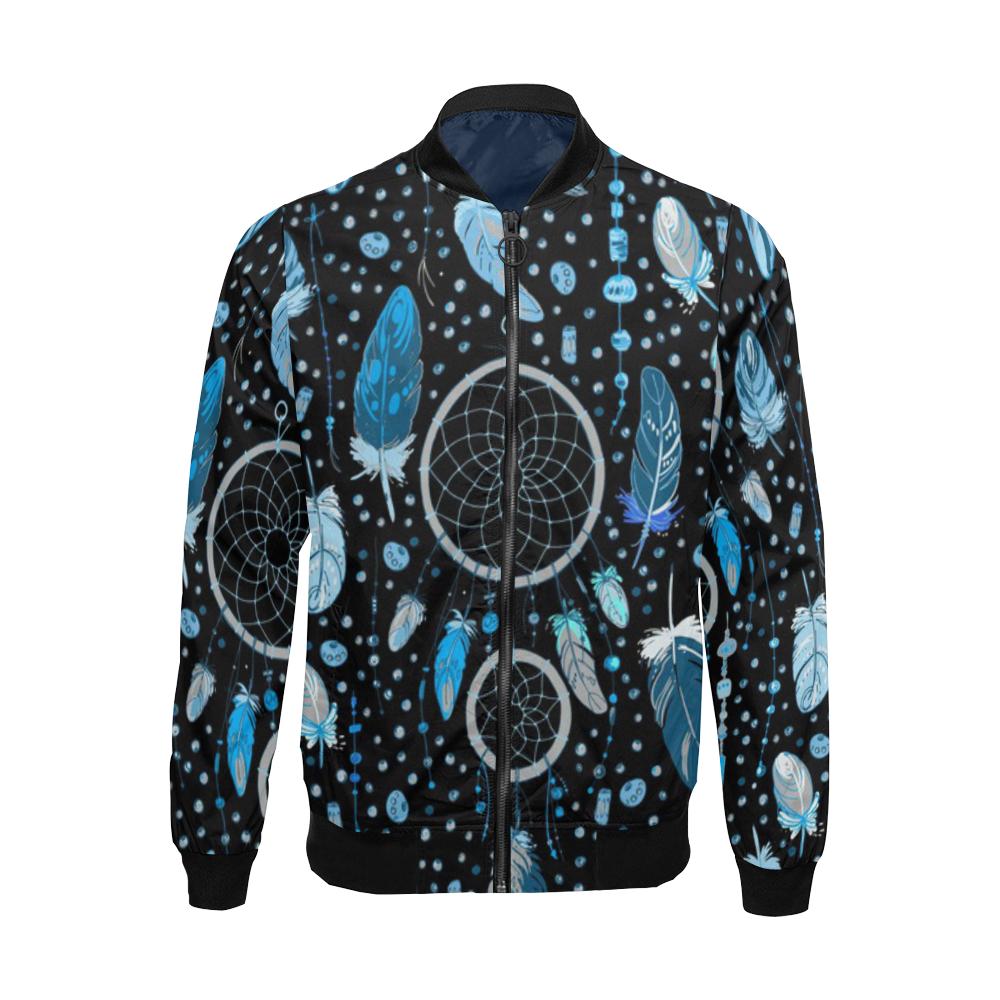 Blue Dream Catcher Feather Pattern Print Men's Bomber Jacket-grizzshop