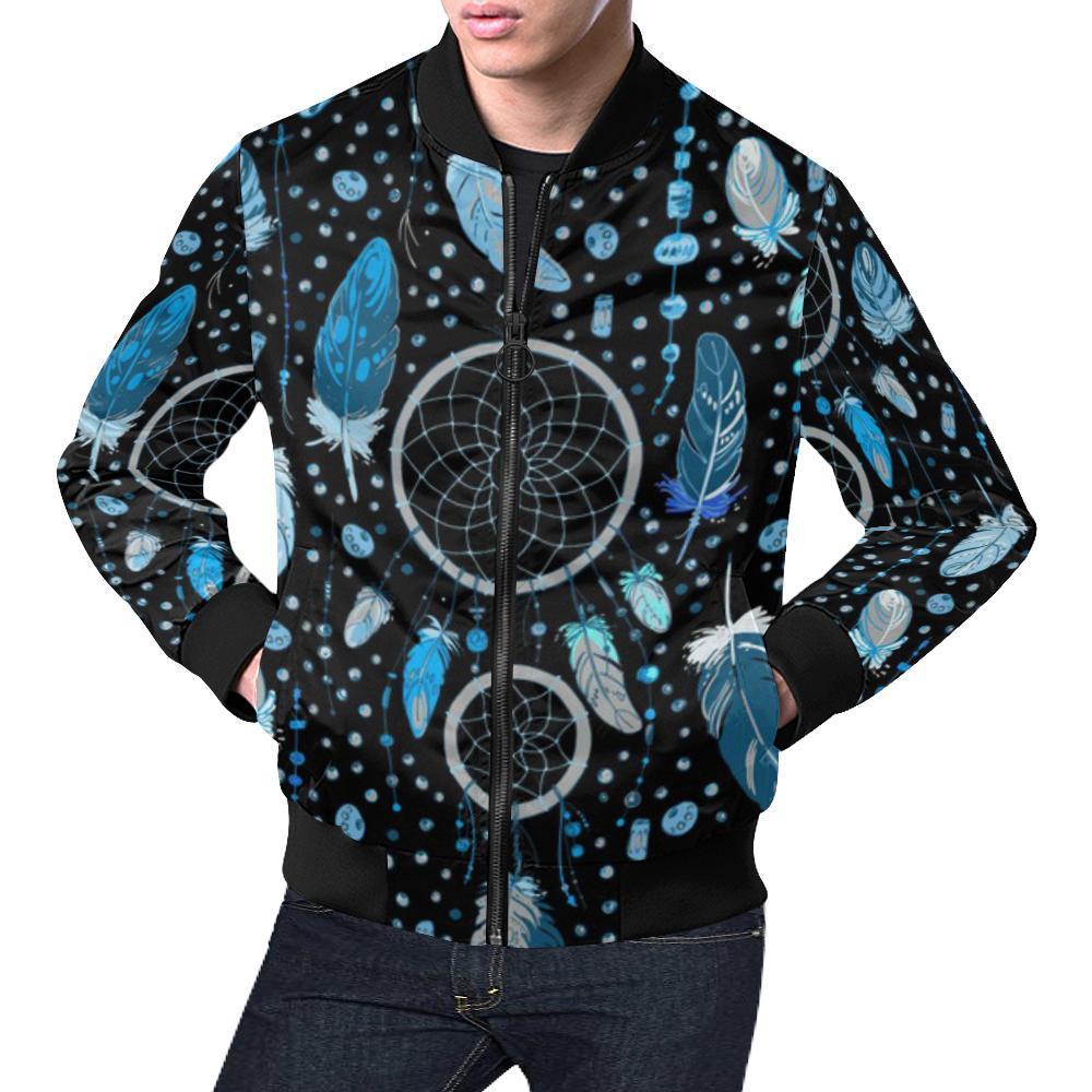 Blue Dream Catcher Feather Pattern Print Men's Bomber Jacket-grizzshop