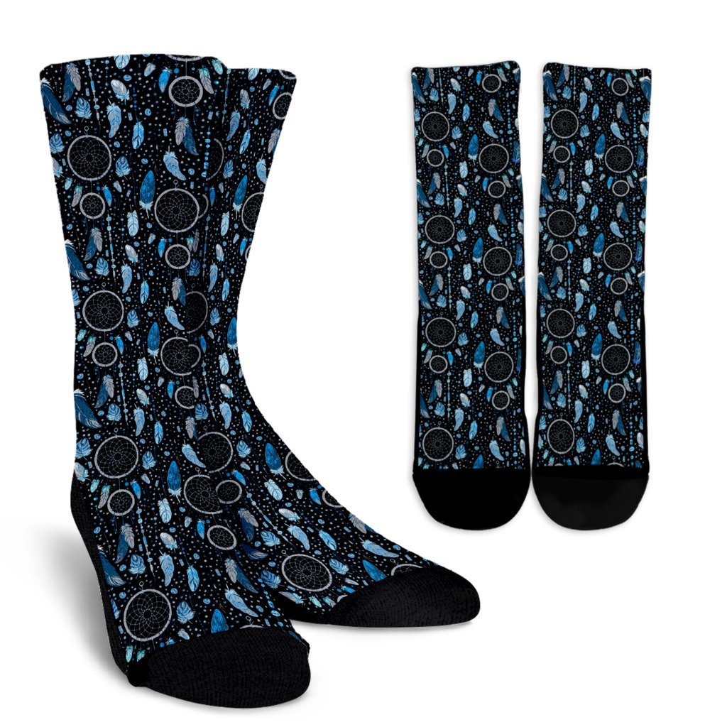 Blue Dream Catcher Feather Pattern Print Unisex Crew Socks-grizzshop