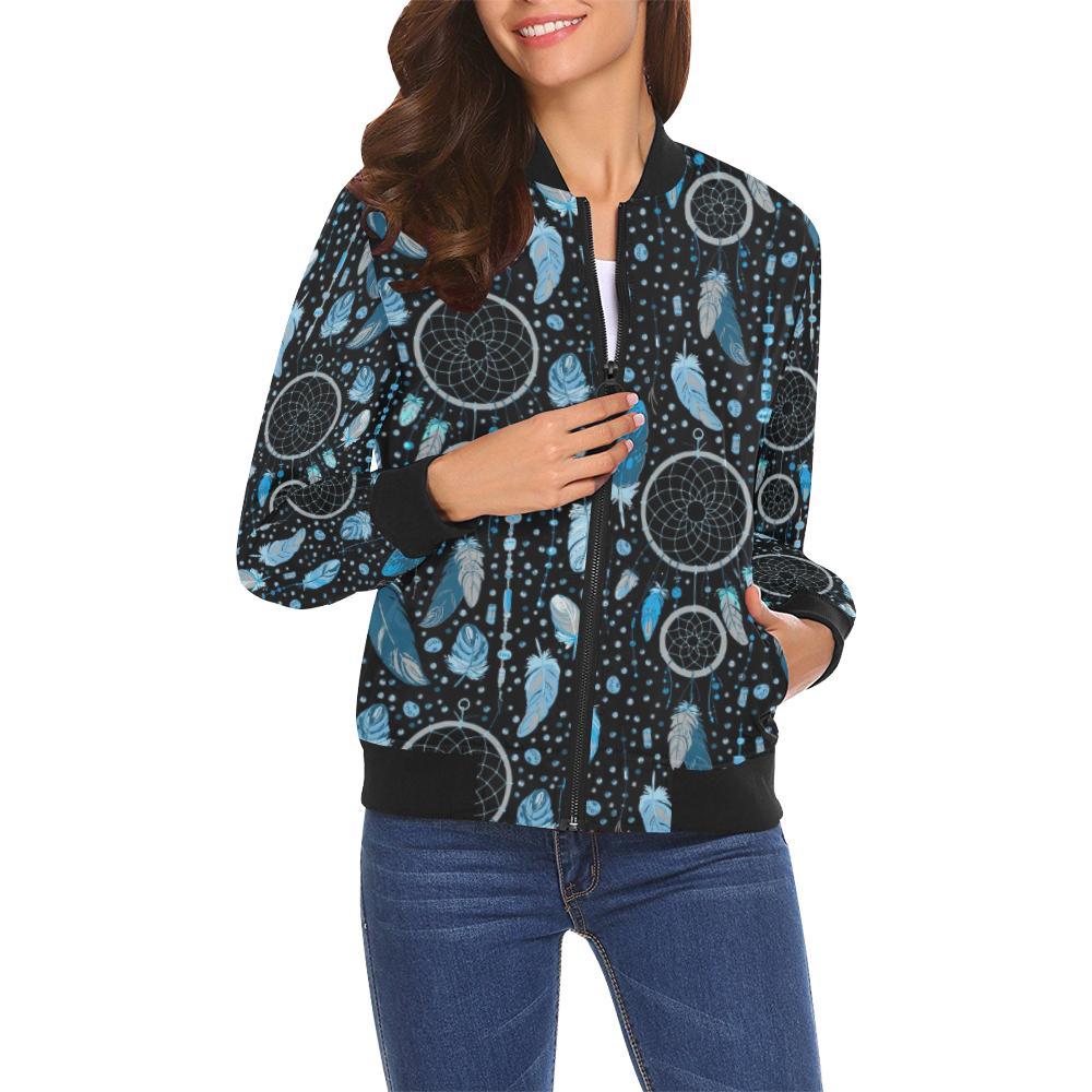 Blue Dream Catcher Feather Pattern Print Women Casual Bomber Jacket-grizzshop