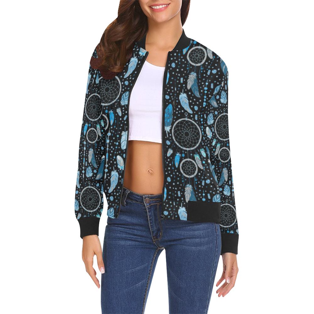 Blue Dream Catcher Feather Pattern Print Women Casual Bomber Jacket-grizzshop