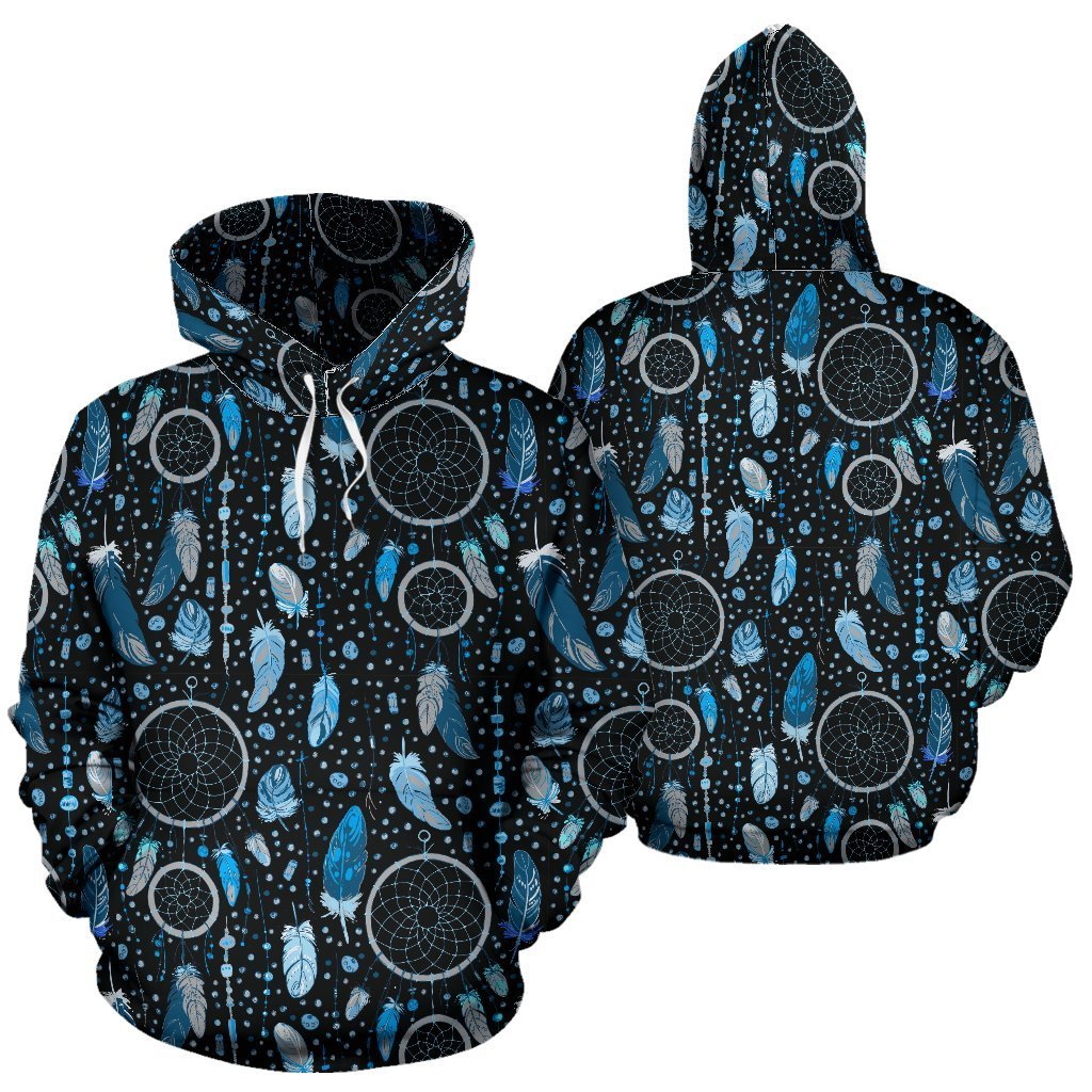 Blue Dream Catcher Feather Pattern Print Women Men Pullover Hoodie-grizzshop