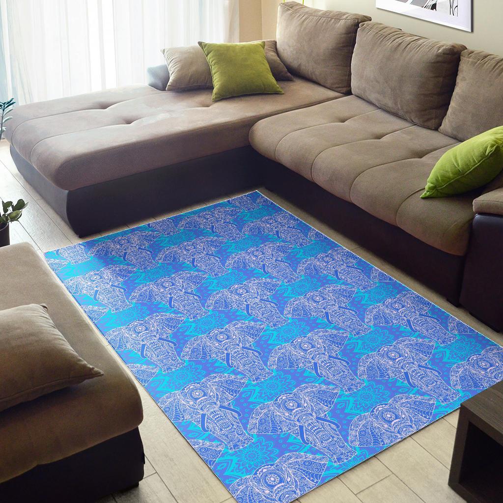 Blue Elephant Mandala Print Floor Mat-grizzshop