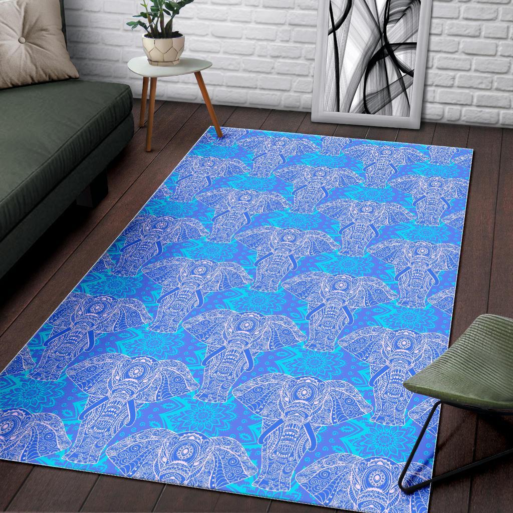 Blue Elephant Mandala Print Floor Mat-grizzshop