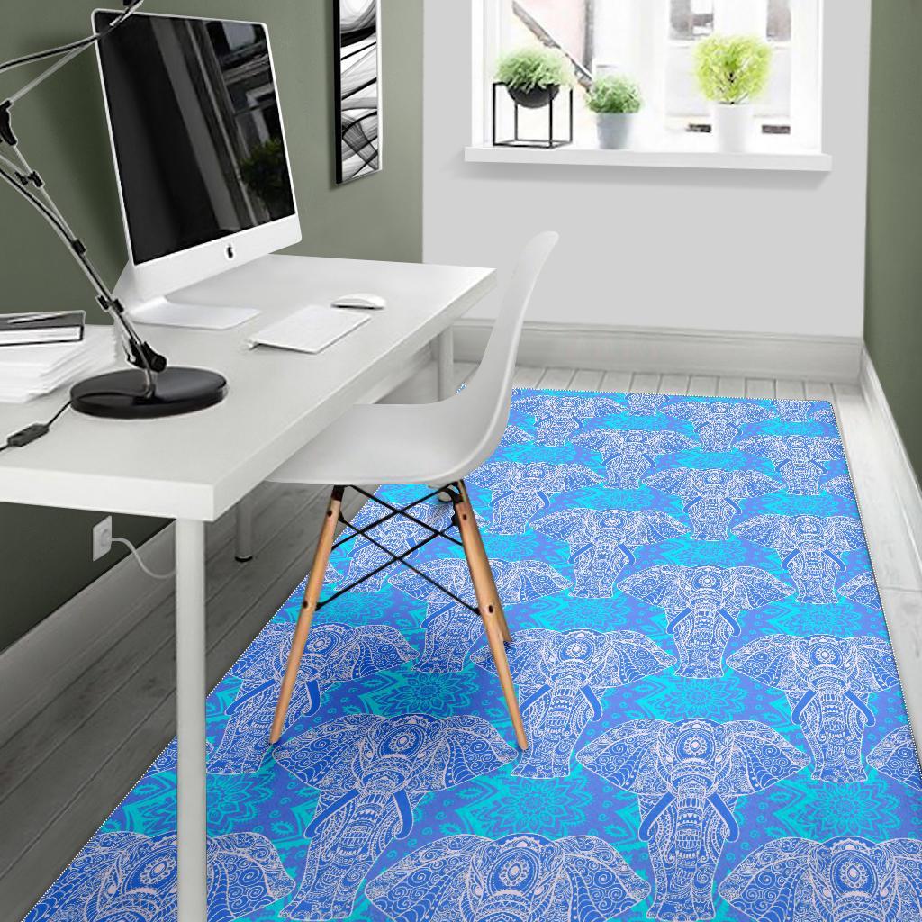 Blue Elephant Mandala Print Floor Mat-grizzshop