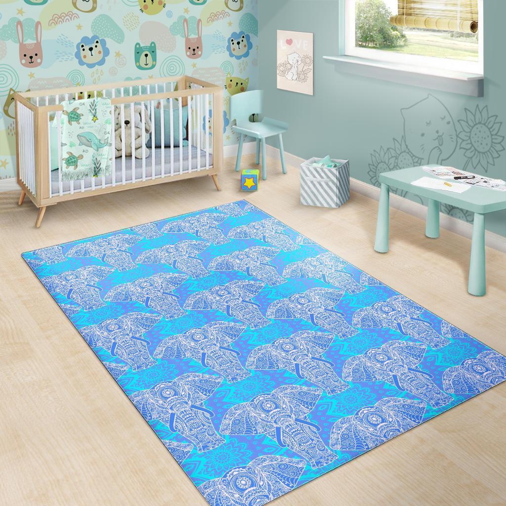 Blue Elephant Mandala Print Floor Mat-grizzshop