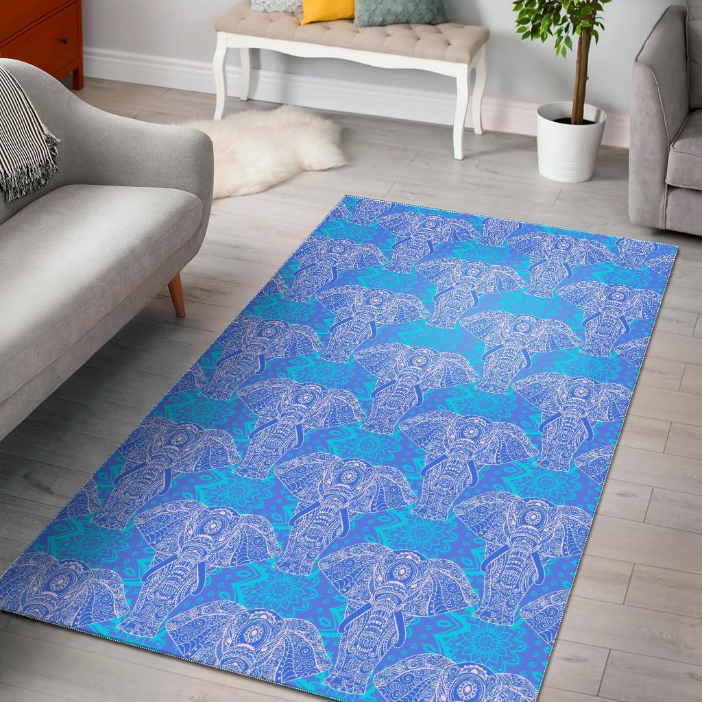 Blue Elephant Mandala Print Floor Mat-grizzshop