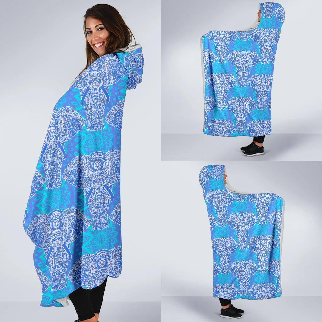 Blue Elephant Mandala Print Hooded Blanket-grizzshop