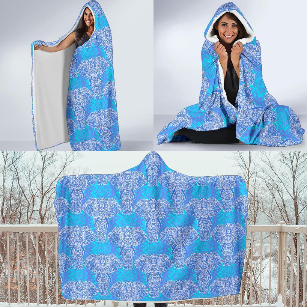 Blue Elephant Mandala Print Hooded Blanket-grizzshop