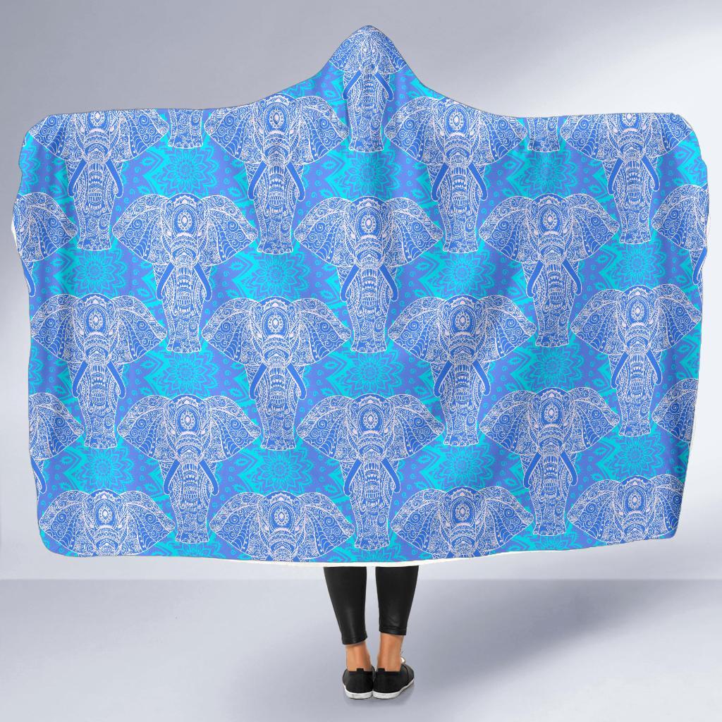 Blue Elephant Mandala Print Hooded Blanket-grizzshop