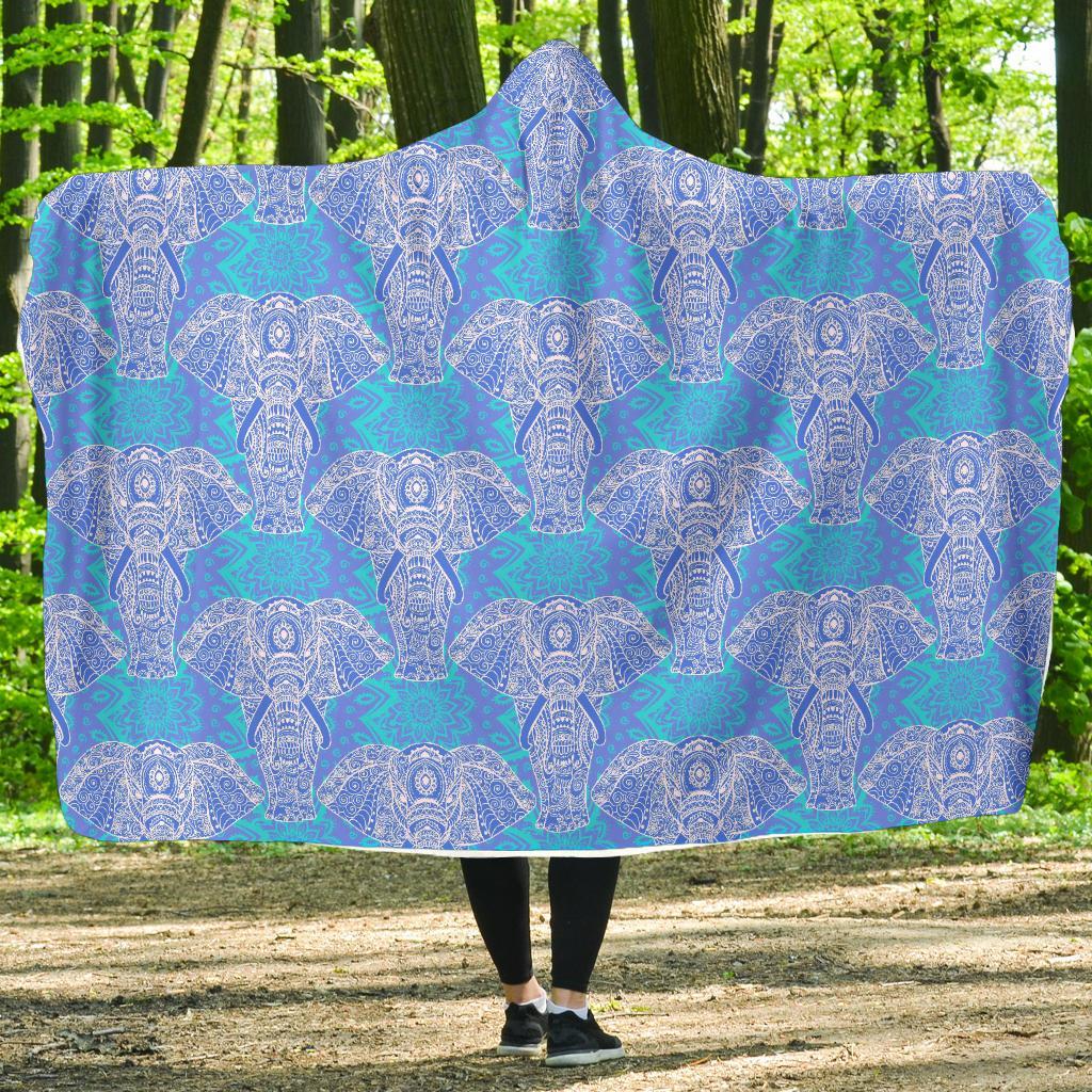 Blue Elephant Mandala Print Hooded Blanket-grizzshop