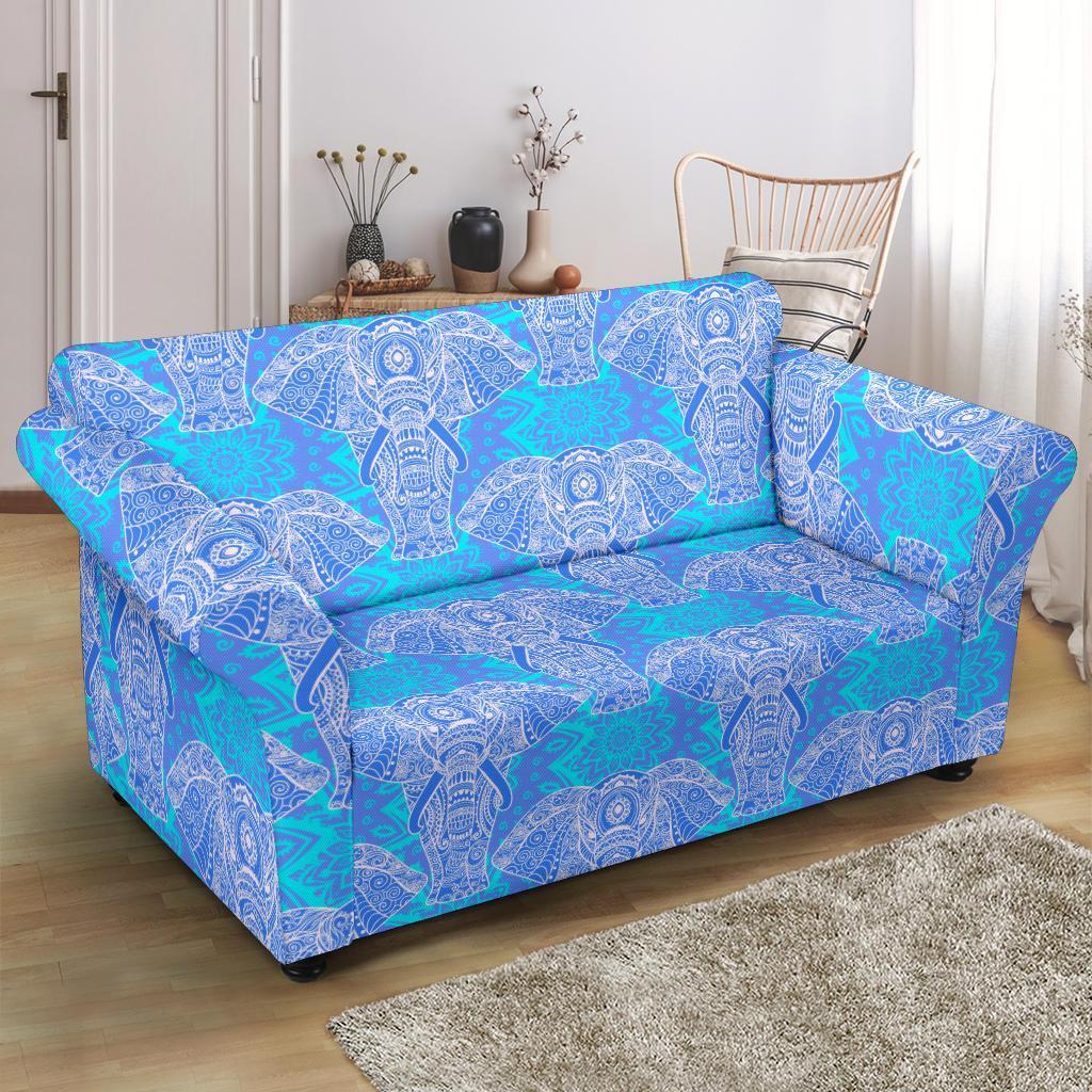 Blue Elephant Mandala Print Loveseat Cover-grizzshop