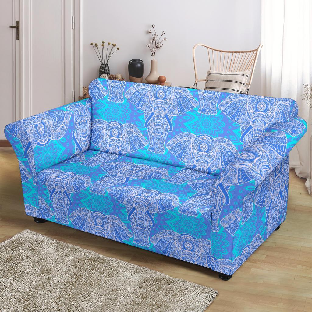 Blue Elephant Mandala Print Loveseat Cover-grizzshop