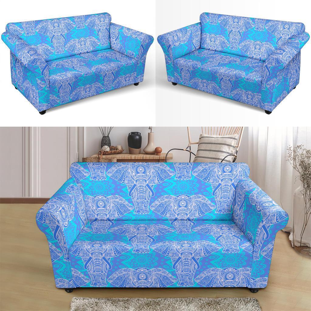 Blue Elephant Mandala Print Loveseat Cover-grizzshop