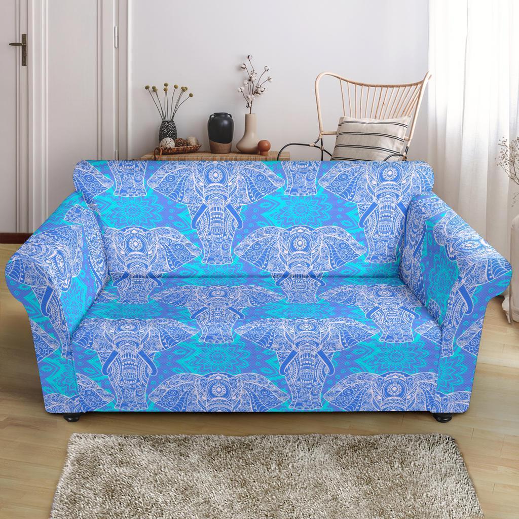 Blue Elephant Mandala Print Loveseat Cover-grizzshop