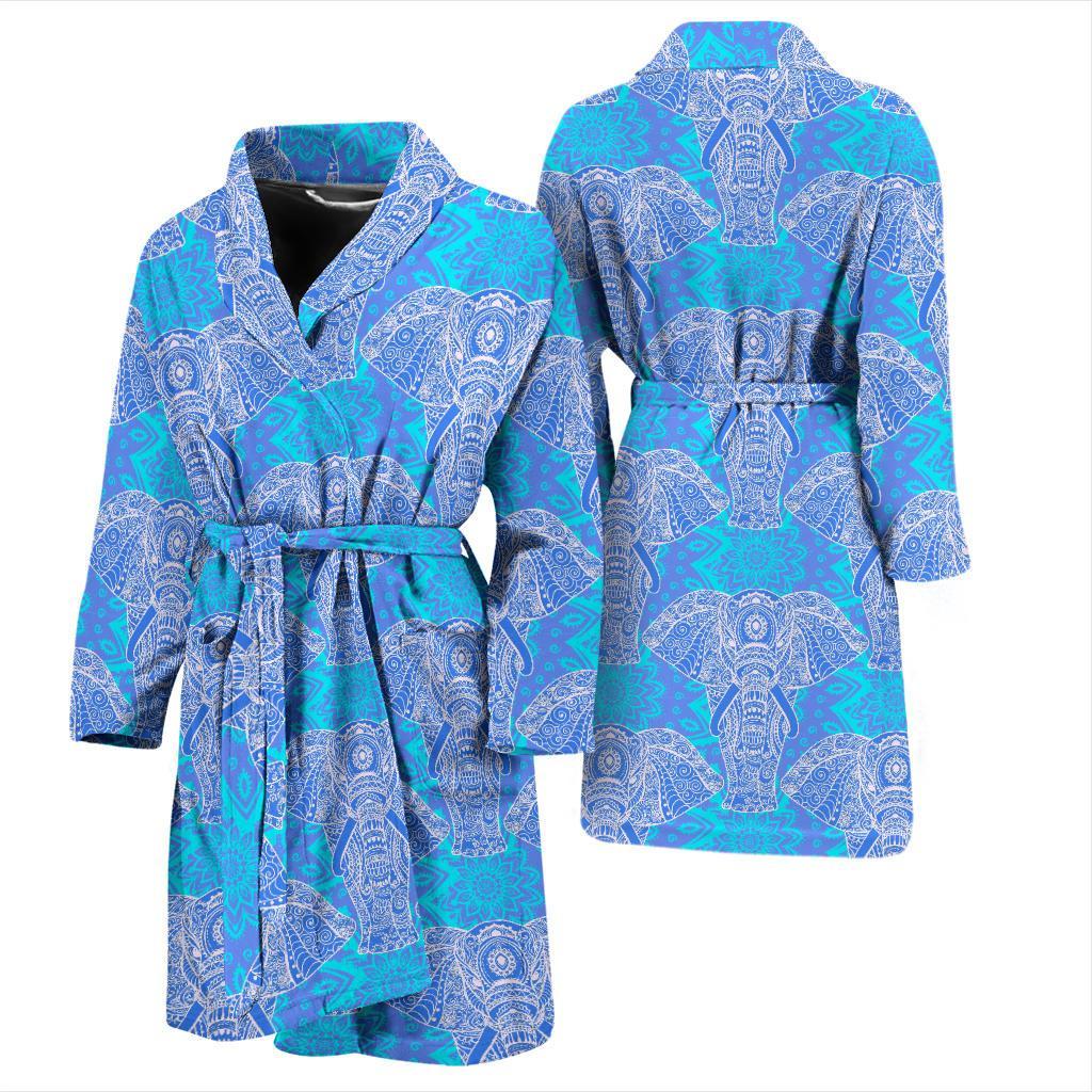 Blue Elephant Mandala Print Men Long Robe-grizzshop