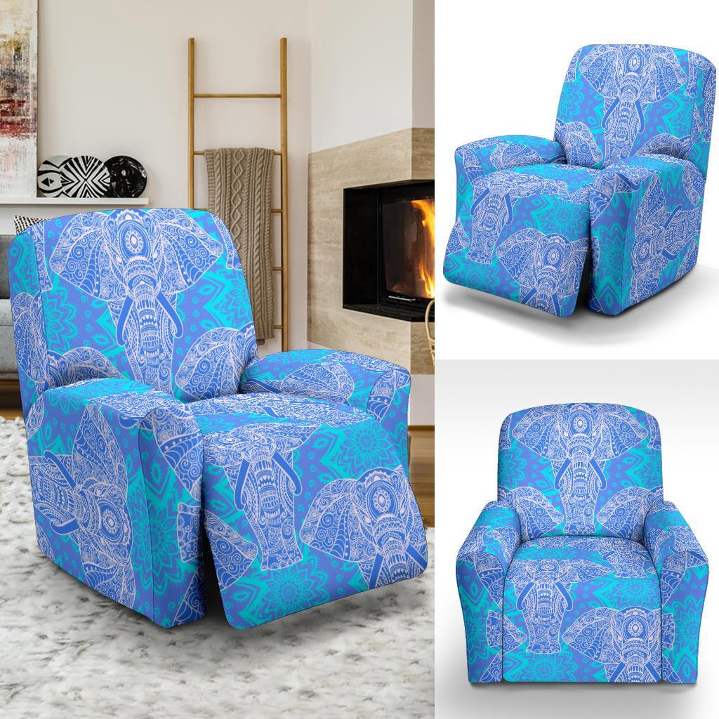 Blue Elephant Mandala Print Recliner Cover-grizzshop