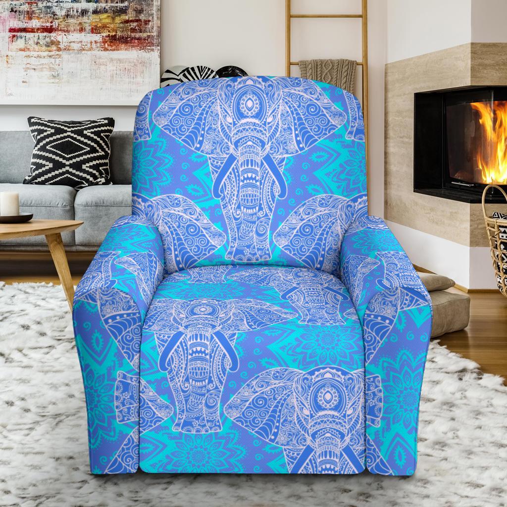 Blue Elephant Mandala Print Recliner Cover-grizzshop