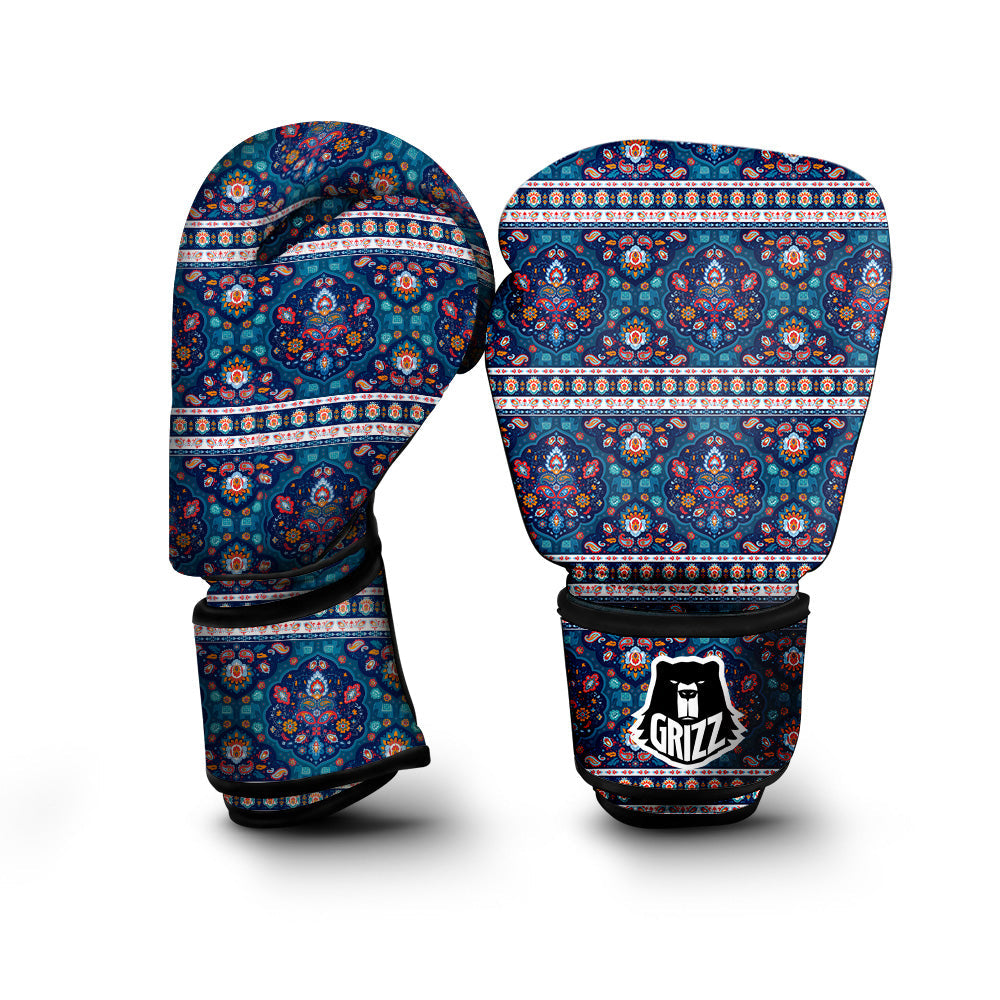 Blue Ethnic Mandala Print Pattern Boxing Gloves-grizzshop