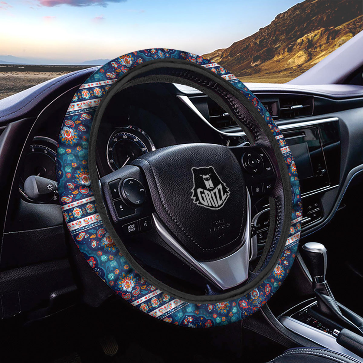 Blue Ethnic Mandala Print Pattern Car Steering Wheel Cover-grizzshop