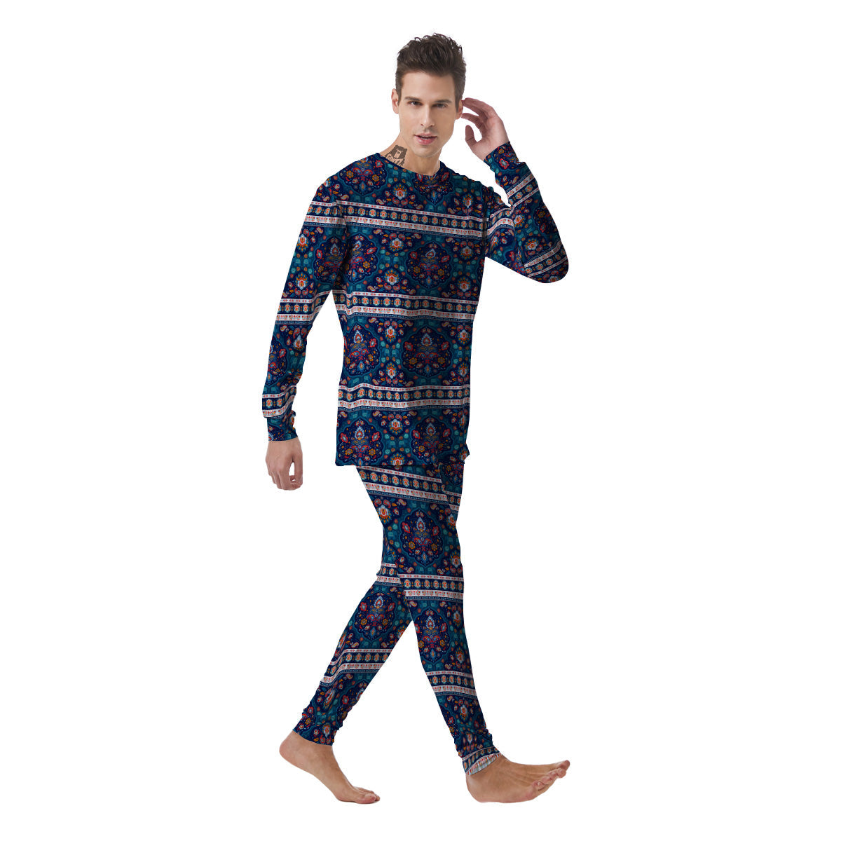 Blue Ethnic Mandala Print Pattern Men's Pajamas-grizzshop