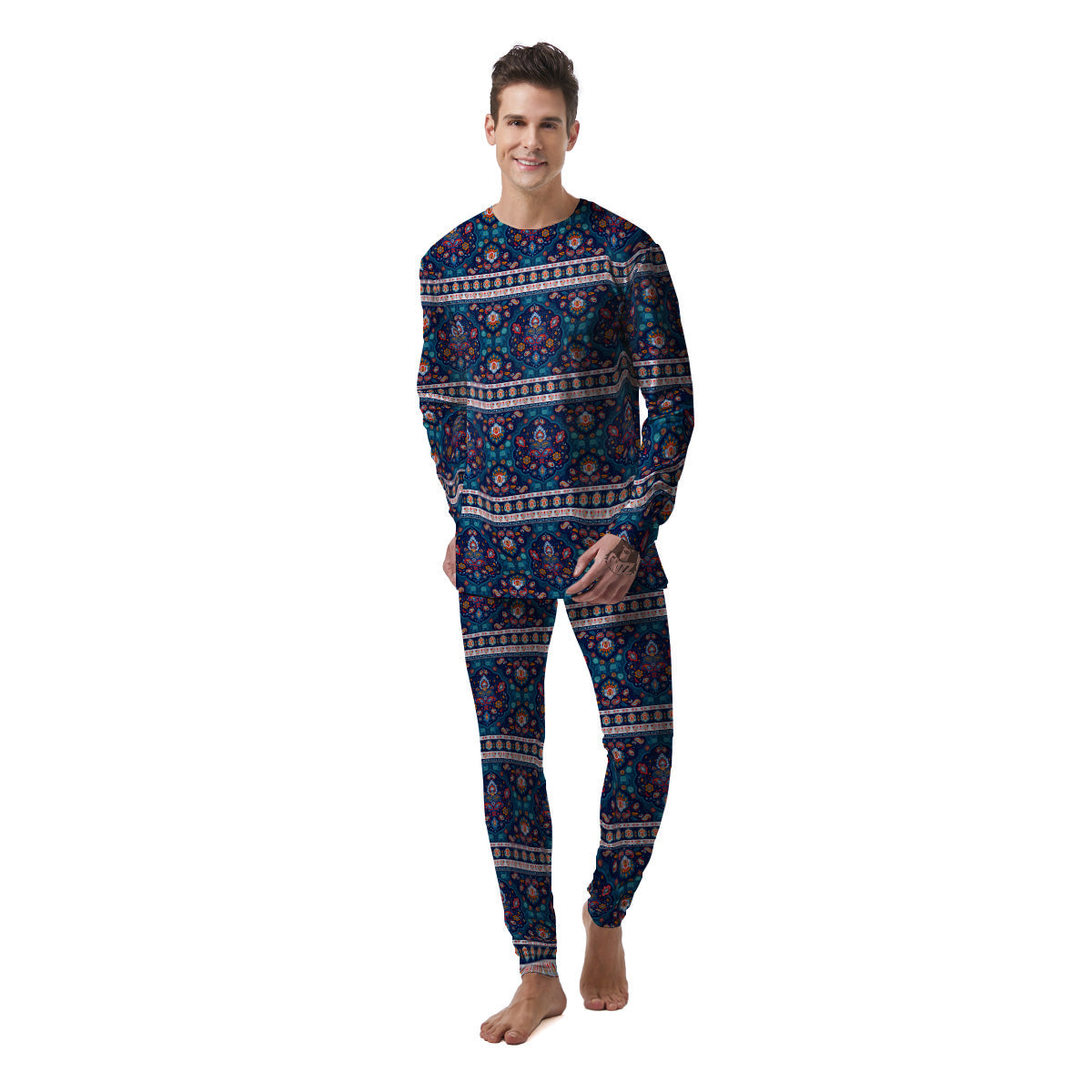 Blue Ethnic Mandala Print Pattern Men's Pajamas-grizzshop