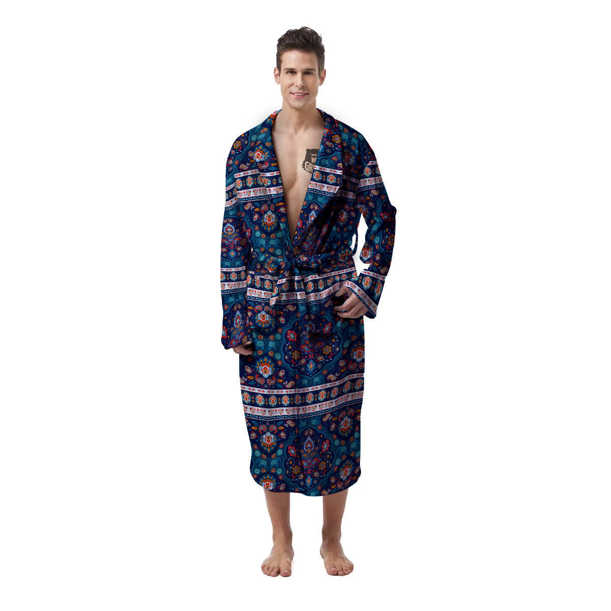 Blue Ethnic Mandala Print Pattern Men's Robe-grizzshop