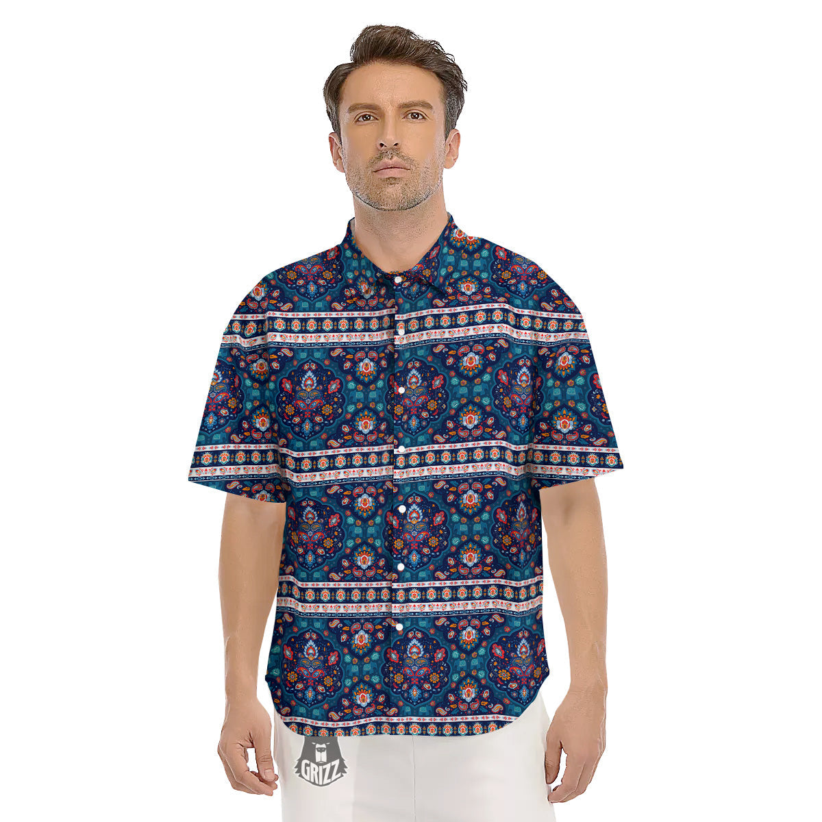 Blue Ethnic Mandala Print Pattern Men's Short Sleeve Shirts-grizzshop