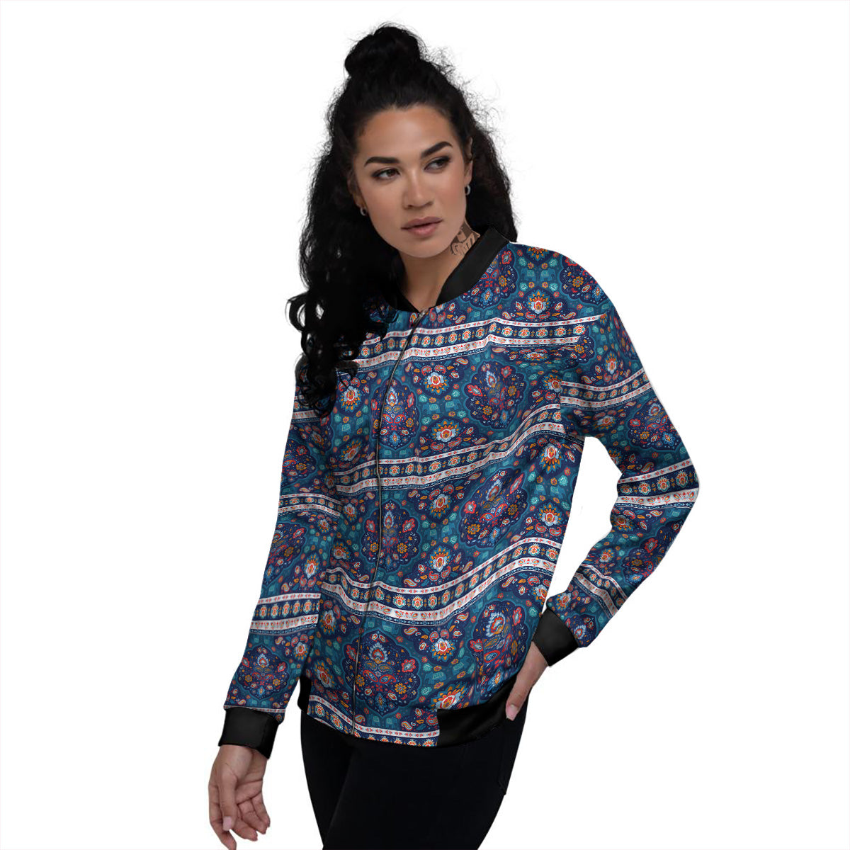 Blue Ethnic Mandala Print Pattern Women's Bomber Jacket-grizzshop