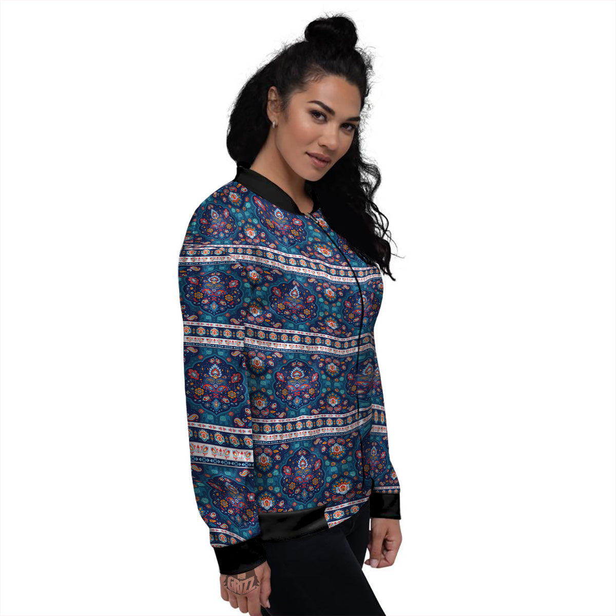 Blue Ethnic Mandala Print Pattern Women's Bomber Jacket-grizzshop