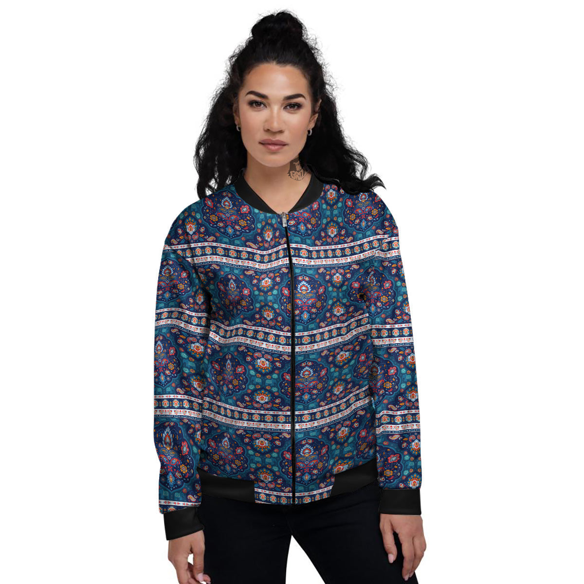 Blue Ethnic Mandala Print Pattern Women's Bomber Jacket-grizzshop