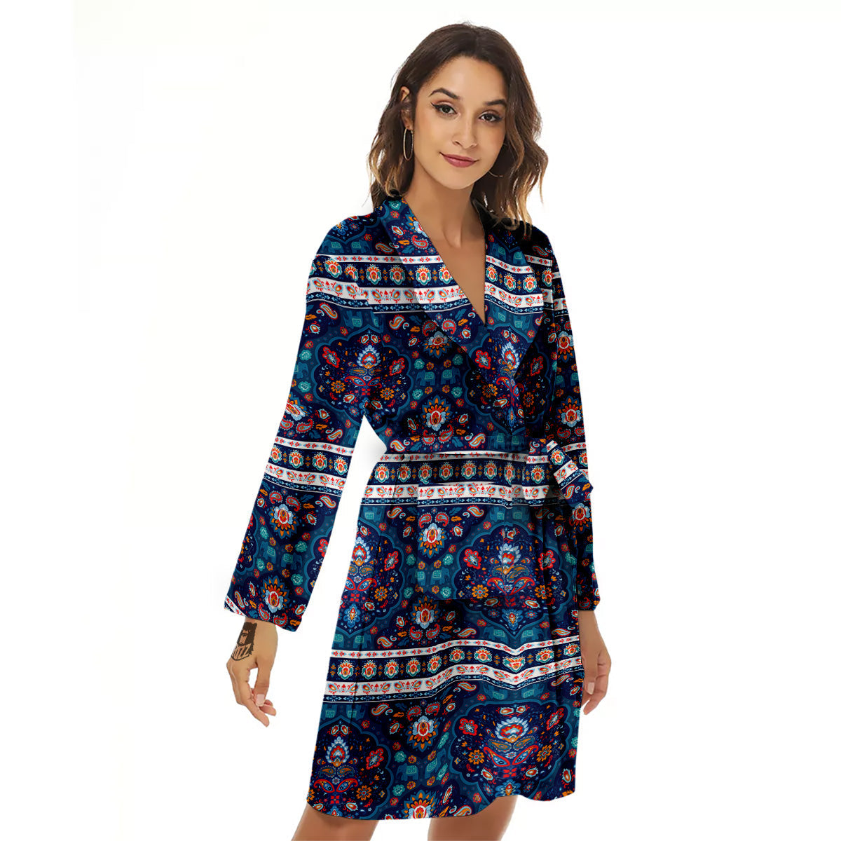 Blue Ethnic Mandala Print Pattern Women's Robe-grizzshop