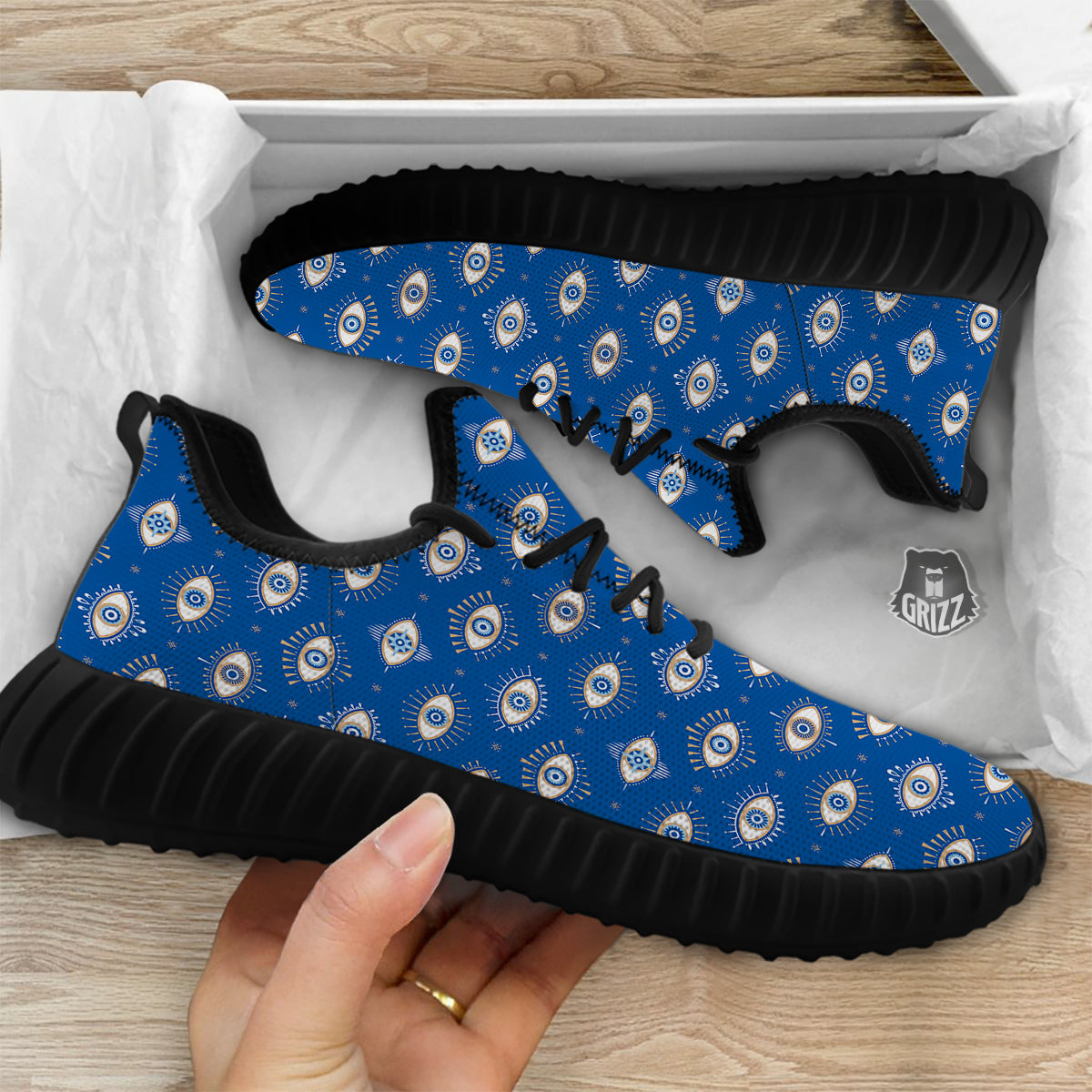 Blue Eyes Hamsa Print Pattern Black Walking Shoes-grizzshop