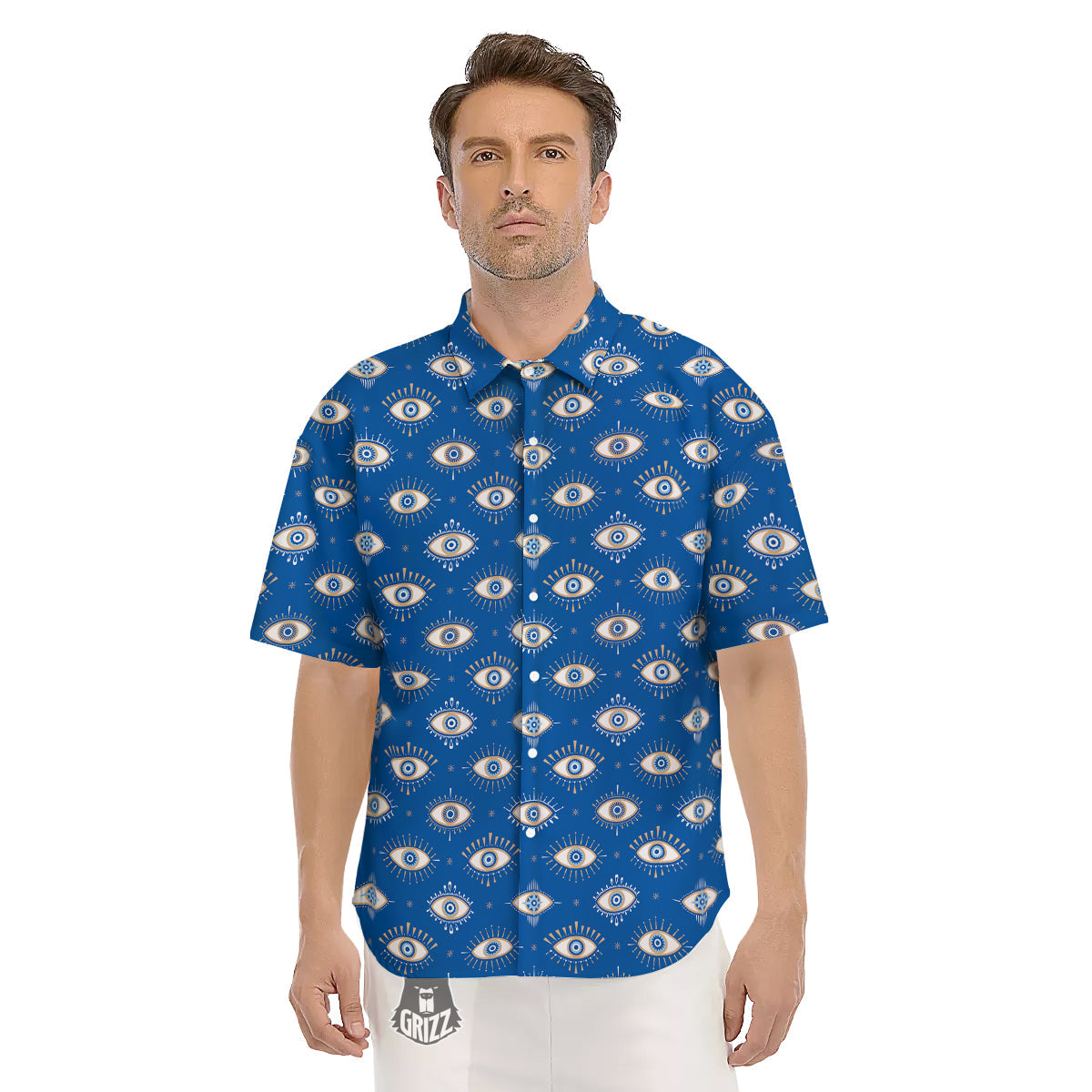 Blue Eyes Hamsa Print Pattern Men's Short Sleeve Shirts-grizzshop