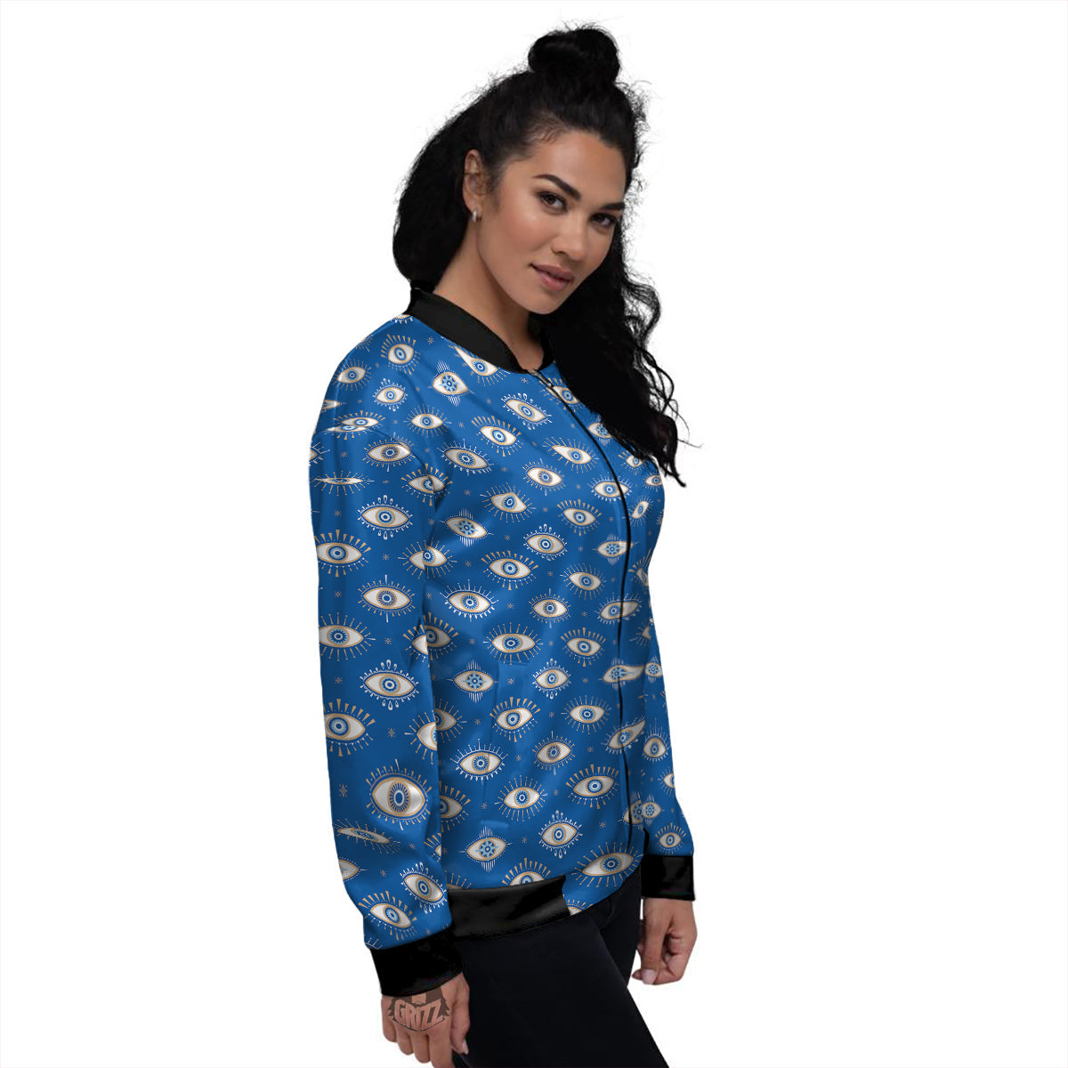 Blue Eyes Hamsa Print Pattern Women's Bomber Jacket-grizzshop