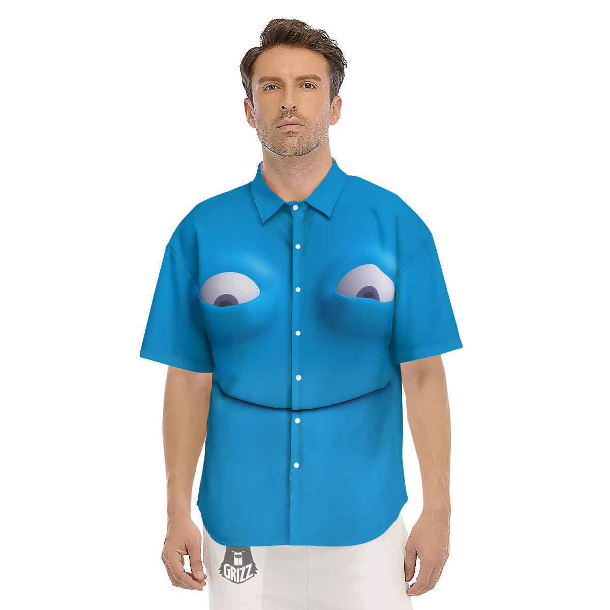 Blue Face Cartoon Emoticon Character Print Men's Short Sleeve Shirts-grizzshop