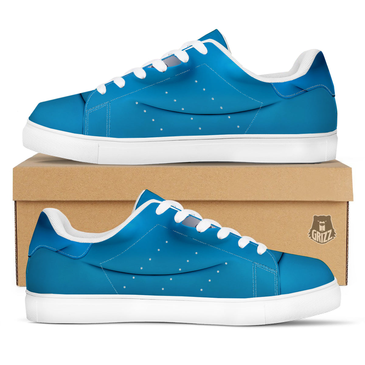 Blue Face Cartoon Emoticon Character Print White Low Top Sneakers-grizzshop