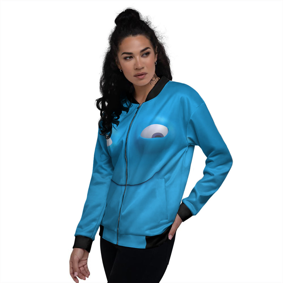 Blue Face Cartoon Emoticon Character Print Women's Bomber Jacket-grizzshop