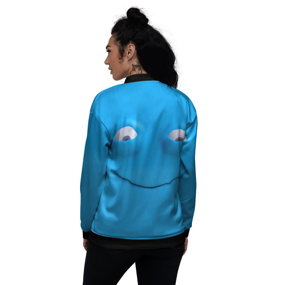 Blue Face Cartoon Emoticon Character Print Women's Bomber Jacket-grizzshop