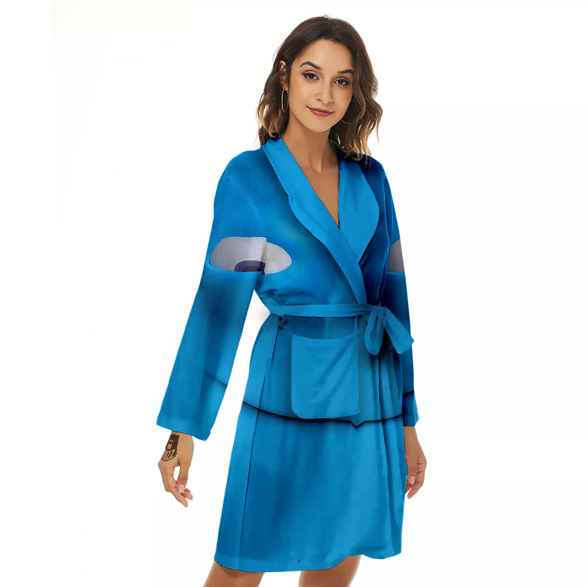 Blue Face Cartoon Emoticon Character Print Women's Robe-grizzshop