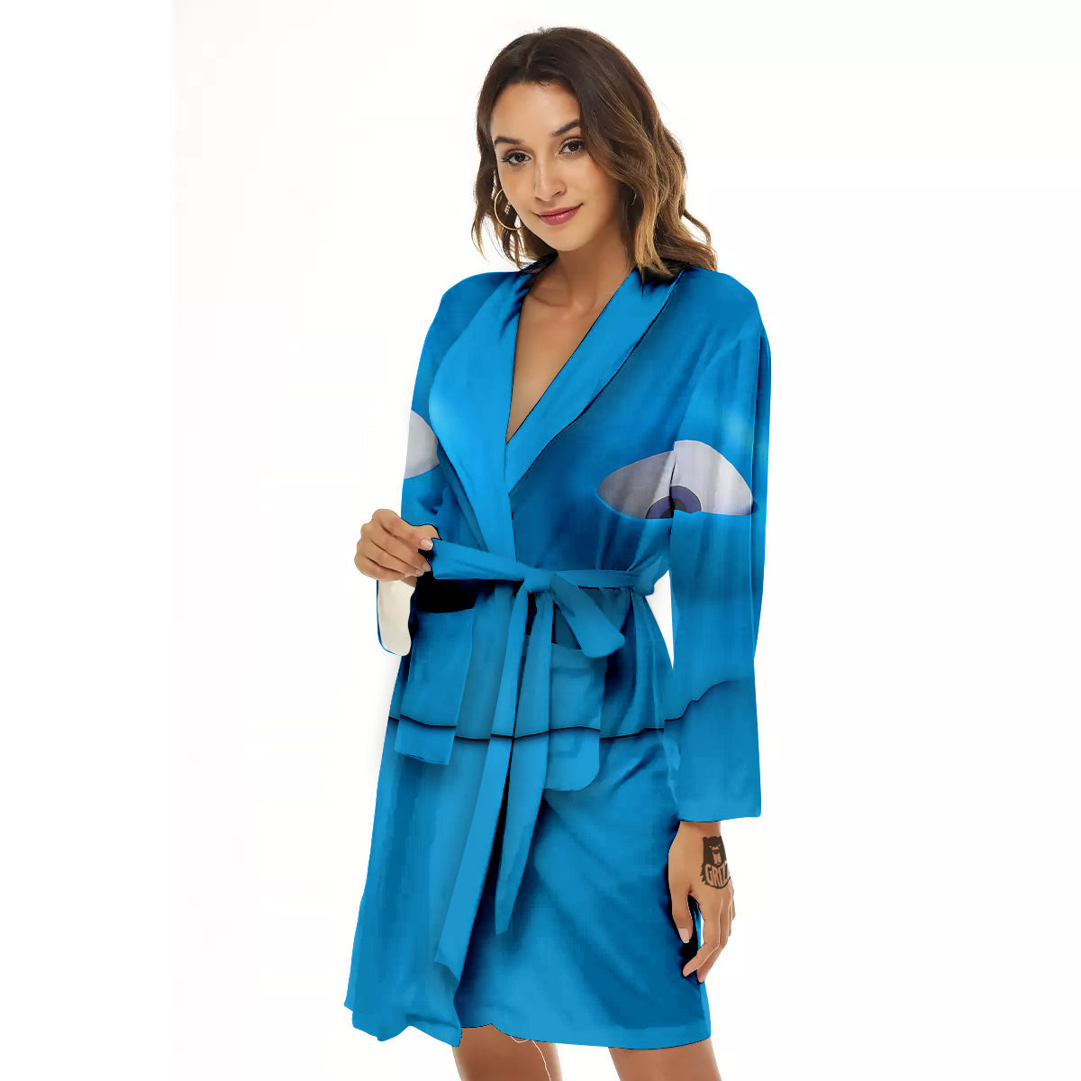 Blue Face Cartoon Emoticon Character Print Women's Robe-grizzshop