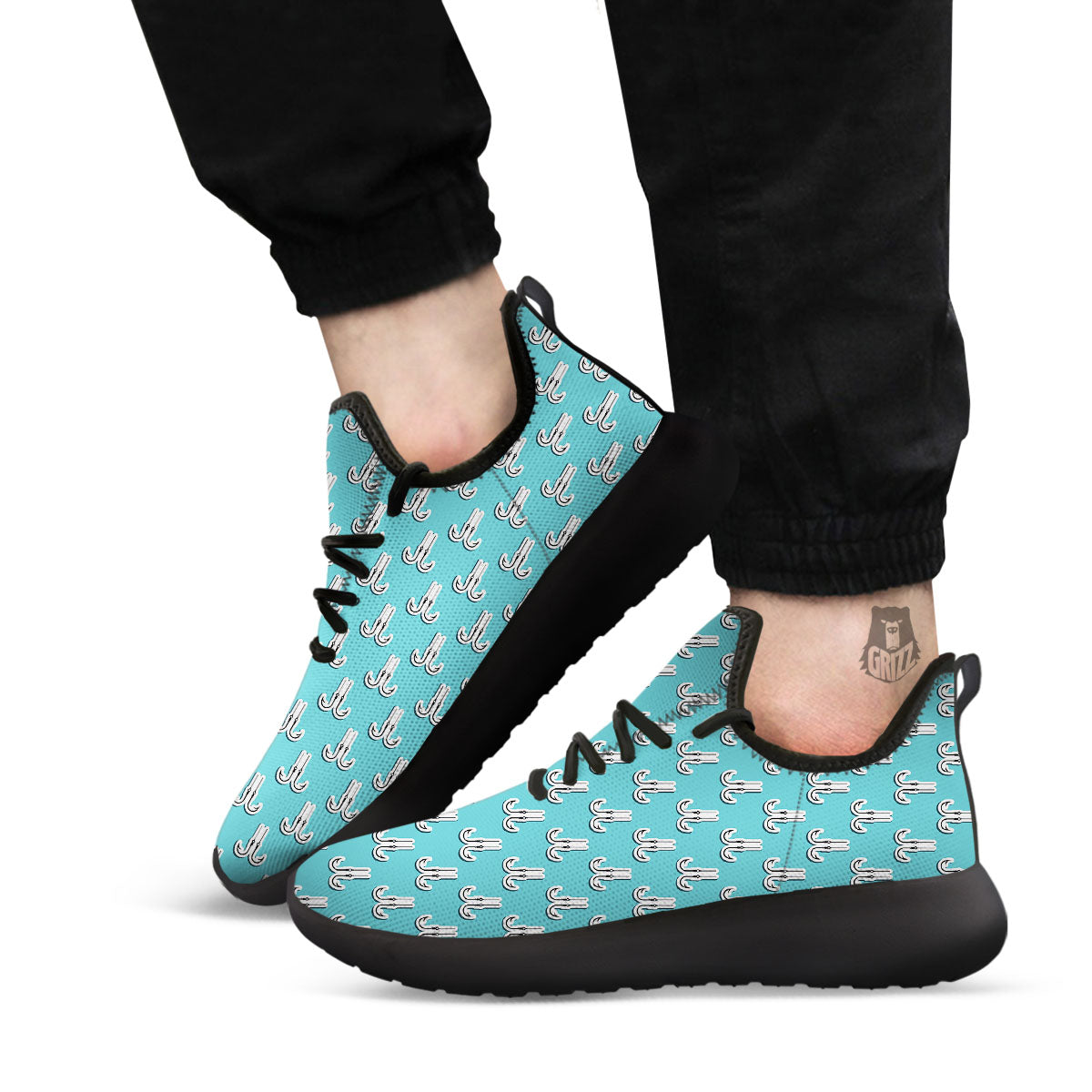 Blue Fish Hook Print Pattern Black Athletic Shoes-grizzshop