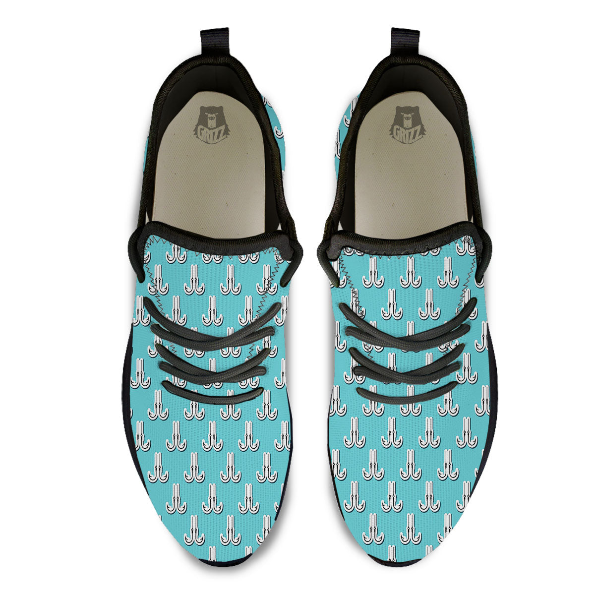Blue Fish Hook Print Pattern Black Athletic Shoes-grizzshop