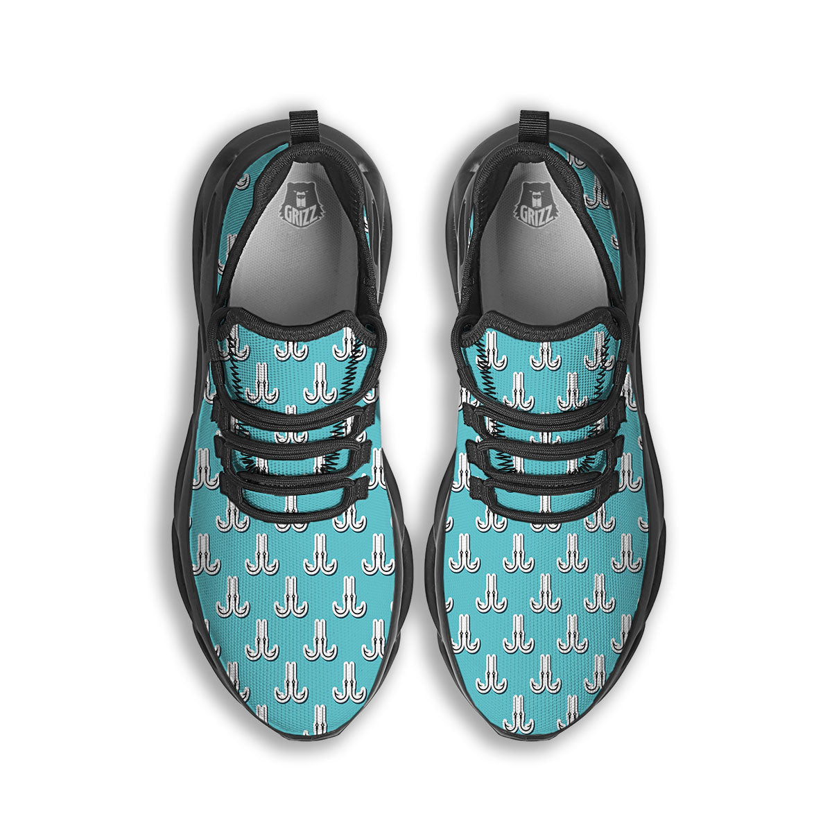 Blue Fish Hook Print Pattern Black Running Shoes-grizzshop