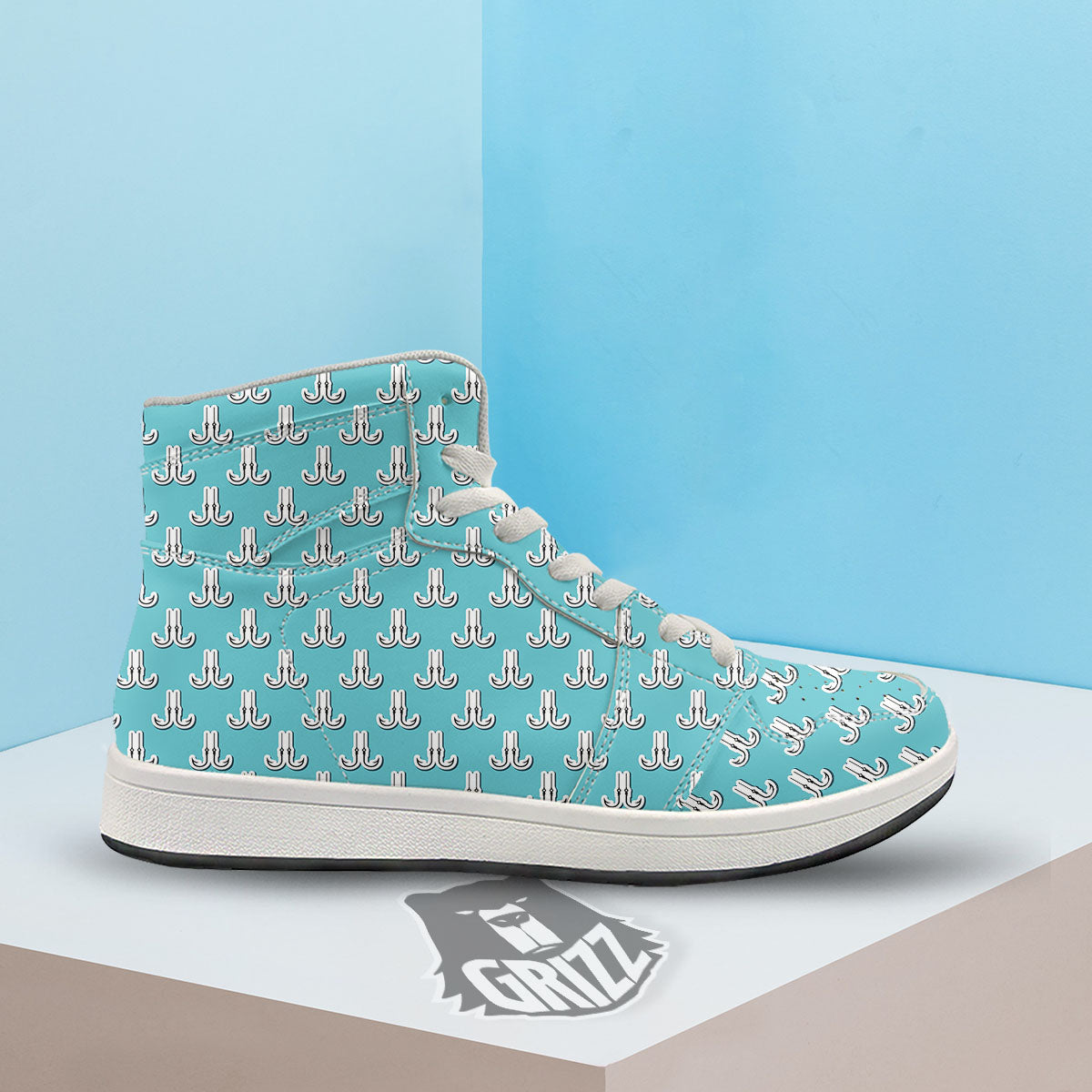 Blue Fish Hook Print Pattern High Top Sneakers-grizzshop